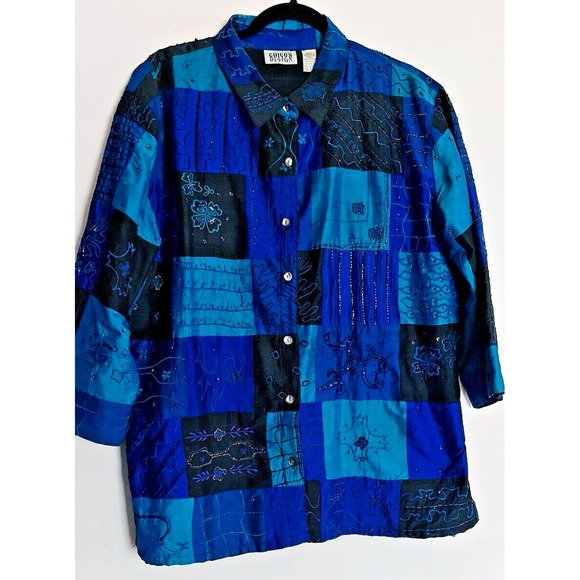 Chico's Silk Patchwork Tunic Top XL | Beaded Colorblock Button-Up Resort Artwear - Picture 2 of 6